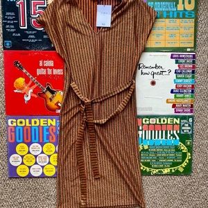 Metallic Striped V - Neck Midi Dress With Belt